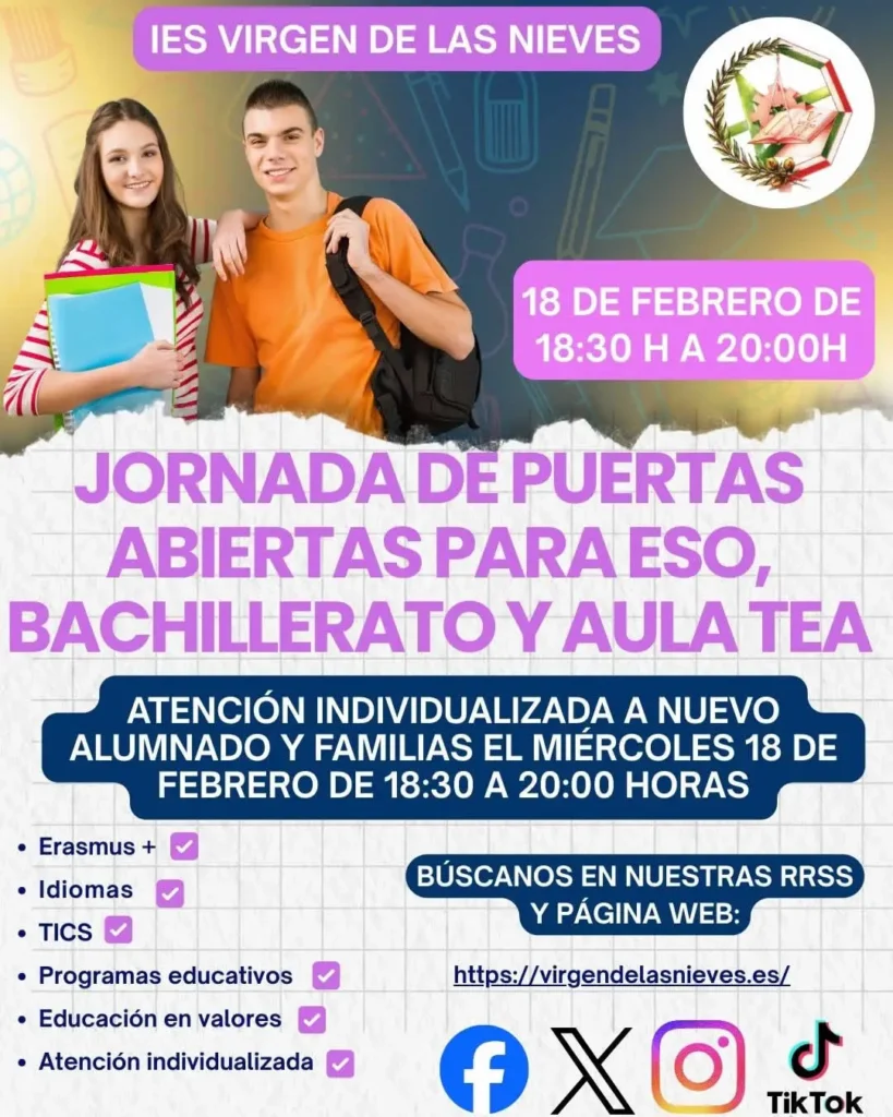 Cartel de las Jornada de Puertas Abiertas para ESO, Bachillerato y Aula TEA 2026
